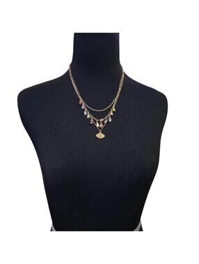 Boho Layered Necklace Evil Eye Pendant With Gemstone Style Bead Charms Gold, EUC